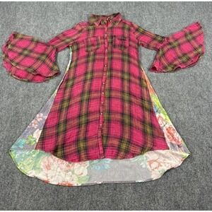 Aratta Silent Journey Dress Womens Medium Pink Plaid Peacock Boho Bell Sleeve